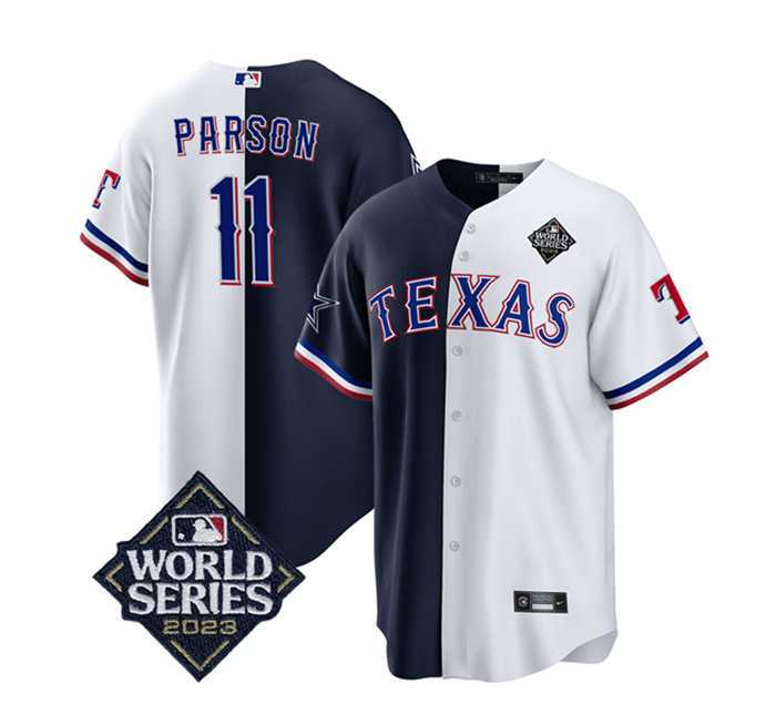 Mens Texas Rangers & Cowboys #11 Micah Parsons Navy White Splite 2023 World Series Splite Stitched Baseball Jersey Dzhi->texas rangers->MLB Jersey